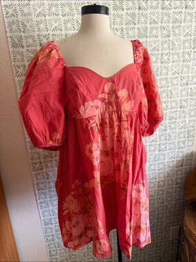 Free People Coral Floral Puff Sleeve Mini Dress